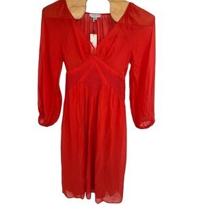 Never Fully Dressed Reign Dress Red‎ Orange Boho Buff Sleeves V-Neck NWT Sz 8P